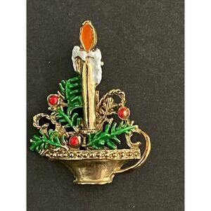 Vintage Christmas Holiday Candlestick Enameled Brooch/Pin 2”